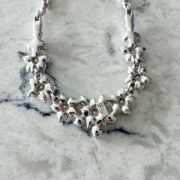 Bug Off Rhinestone Necklace Silver Tone Floral Cluster Sparkle Formal - Picture 5 of 10